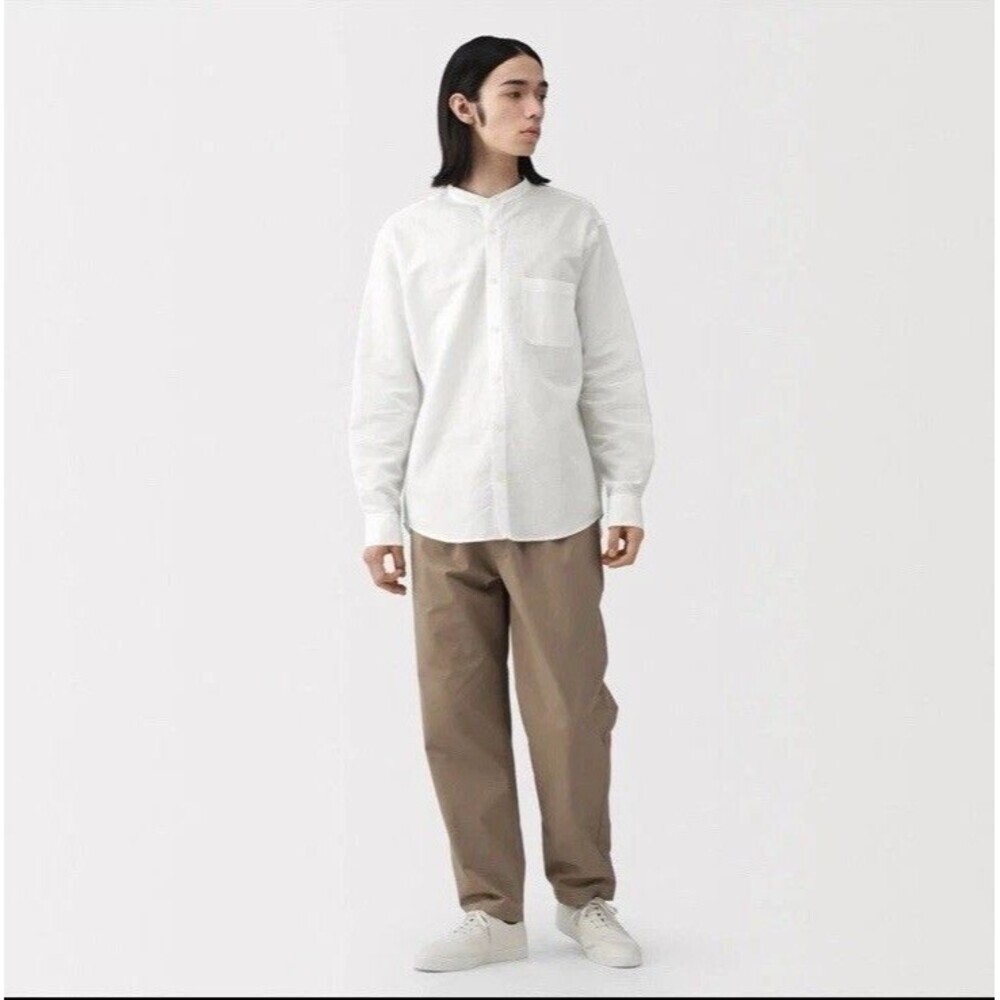 MUJI Hemp Cotton Stand Collar Long Sleeve Button Front Shirt Men Gray Size XL